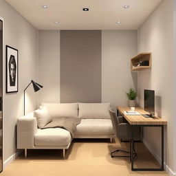 A modern and functional interior design for a multifunctional space measuring 370 cm deep and 260 cm wide, operating as an office during the day and a bedroom at night