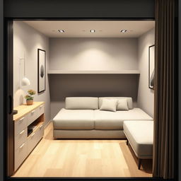 A modern and functional interior design for a multifunctional space measuring 370 cm deep and 260 cm wide, operating as an office during the day and a bedroom at night