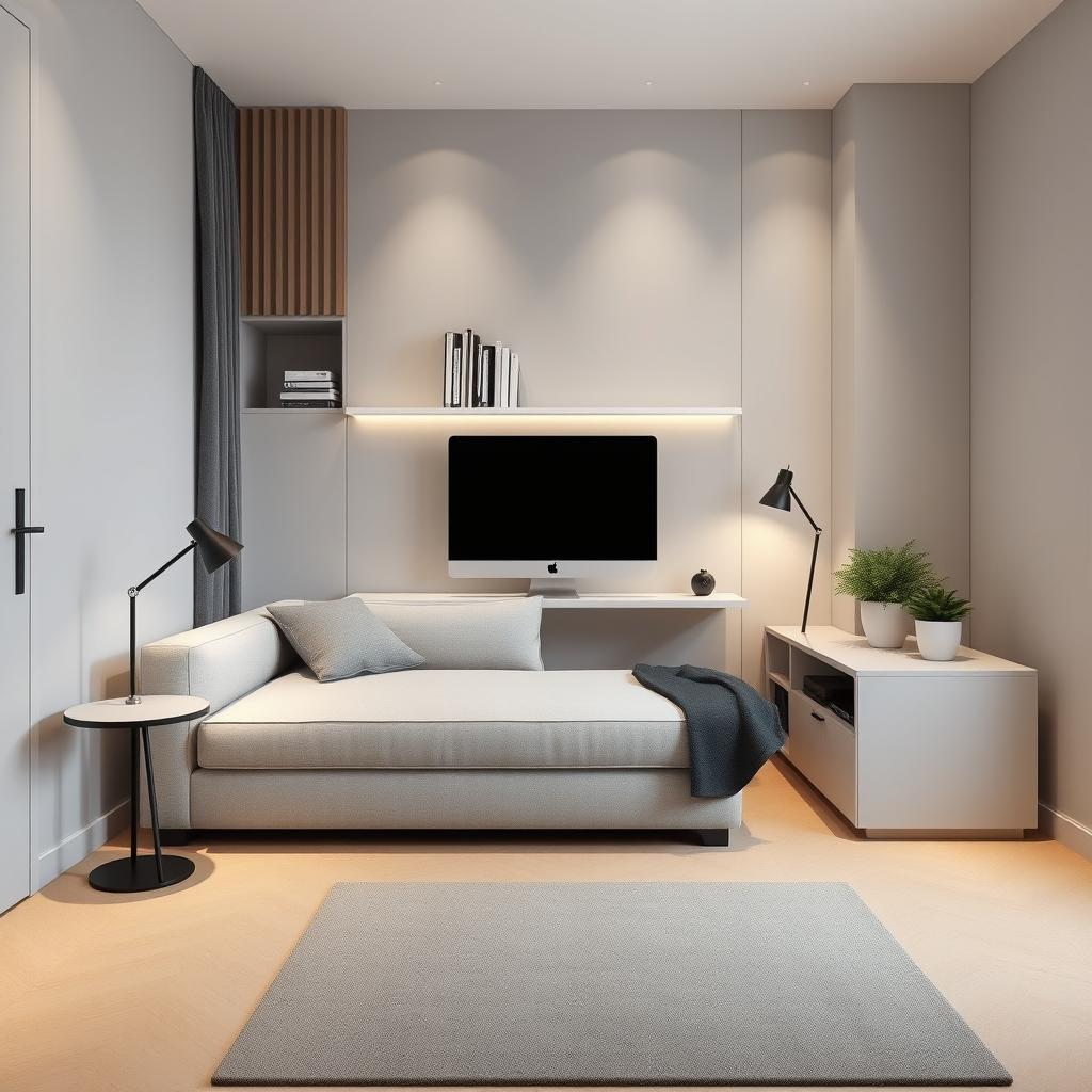 A modern and functional interior design for a multifunctional space measuring 370 cm deep and 260 cm wide, operating as an office during the day and a bedroom at night