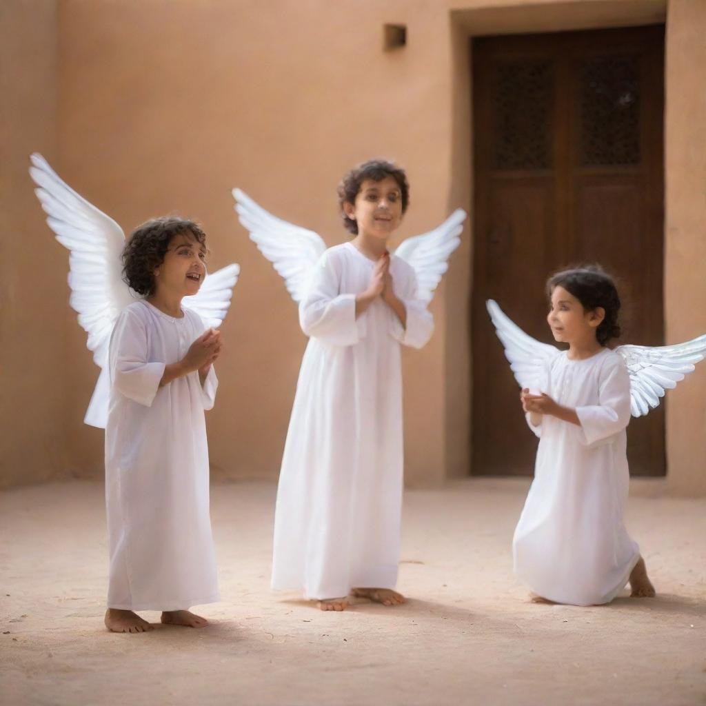 Two young Arabic children engaged in playful activities. Behind them, unseen by them, an angel with a luminescent aura and peaceful expression watches over their play.