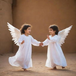 Two young Arabic children engaged in playful activities. Behind them, unseen by them, an angel with a luminescent aura and peaceful expression watches over their play.