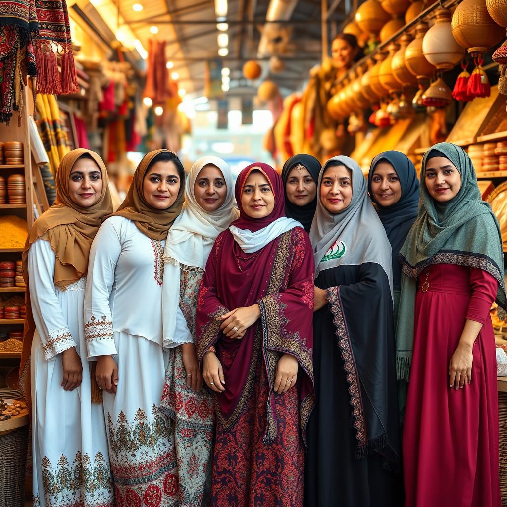 A group of diverse Iraqi women standing together, showcasing their unique traditional and modern clothing styles