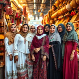 A group of diverse Iraqi women standing together, showcasing their unique traditional and modern clothing styles