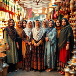 A group of diverse Iraqi women standing together, showcasing their unique traditional and modern clothing styles