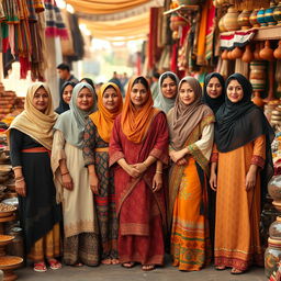 A group of diverse Iraqi women standing together, showcasing their unique traditional and modern clothing styles