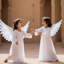 Two young Arabic children engaged in playful activities. Behind them, unseen by them, an angel with a luminescent aura and peaceful expression watches over their play.