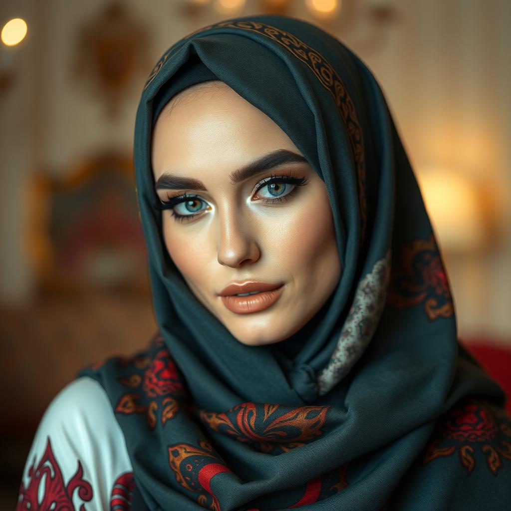 a beautiful woman wearing a stylish and elegant hijab, with a confident and alluring expression, highlighting her eyes with captivating makeup