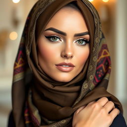 a beautiful woman wearing a stylish and elegant hijab, with a confident and alluring expression, highlighting her eyes with captivating makeup