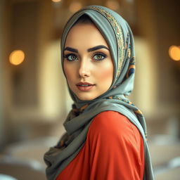 a beautiful woman wearing a stylish and elegant hijab, with a confident and alluring expression, highlighting her eyes with captivating makeup