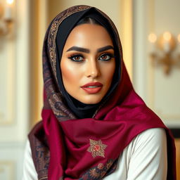 a beautiful woman wearing a stylish and elegant hijab, with a confident and alluring expression, highlighting her eyes with captivating makeup