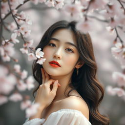 An elegant Korean woman posing gracefully amidst an ethereal and dreamlike setting, surrounded by delicate cherry blossoms gently floating in the air, capturing the essence of tranquility and beauty