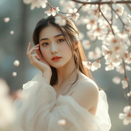 An elegant Korean woman posing gracefully amidst an ethereal and dreamlike setting, surrounded by delicate cherry blossoms gently floating in the air, capturing the essence of tranquility and beauty