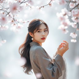 An elegant Korean woman posing gracefully amidst an ethereal and dreamlike setting, surrounded by delicate cherry blossoms gently floating in the air, capturing the essence of tranquility and beauty