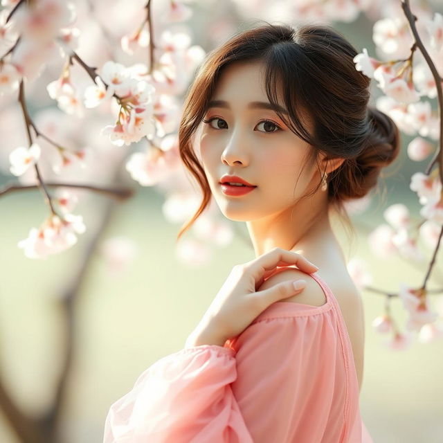 An elegant Korean woman posing gracefully amidst an ethereal and dreamlike setting, surrounded by delicate cherry blossoms gently floating in the air, capturing the essence of tranquility and beauty