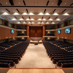 A spacious, grand auditorium designed for worship, featuring a large open central area with a stage at one end