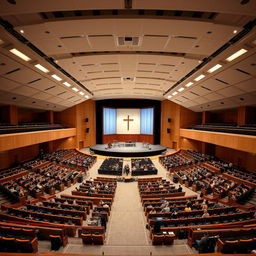 A spacious, grand auditorium designed for worship, featuring a large open central area with a stage at one end