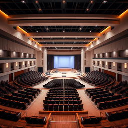 A spacious, grand auditorium designed for worship, featuring a large open central area with a stage at one end