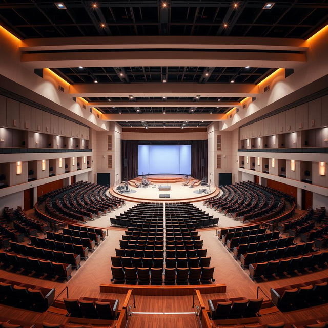 A spacious, grand auditorium designed for worship, featuring a large open central area with a stage at one end