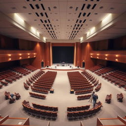 A spacious, grand auditorium designed for worship, featuring a large open central area with a stage at one end