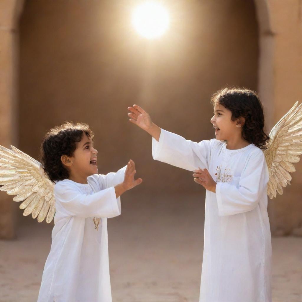 Two young Arabic children playing joyfully. Unexpectedly, an angel emanating a gentle glow appears from behind, reaching out to gently touch one of the children as if to convey a divine message or blessing.