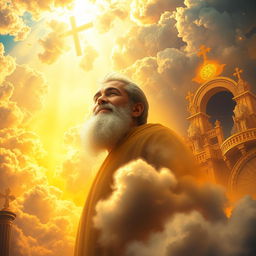 A dramatic and vivid depiction of a heavenly kingdom bathed in golden light, with ethereal clouds and radiant beams shining down