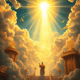 A dramatic and vivid depiction of a heavenly kingdom bathed in golden light, with ethereal clouds and radiant beams shining down