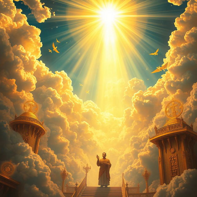 A dramatic and vivid depiction of a heavenly kingdom bathed in golden light, with ethereal clouds and radiant beams shining down