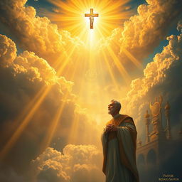 A dramatic and vivid depiction of a heavenly kingdom bathed in golden light, with ethereal clouds and radiant beams shining down