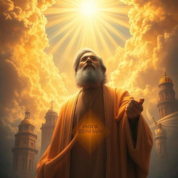 A dramatic and vivid depiction of a heavenly kingdom bathed in golden light, with ethereal clouds and radiant beams shining down