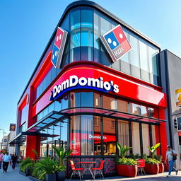 A vibrant and eye-catching Domino's Pizza facade featuring modern architectural design elements