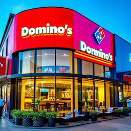 A vibrant and eye-catching Domino's Pizza facade featuring modern architectural design elements