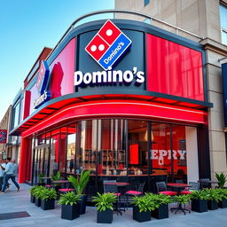 A vibrant and eye-catching Domino's Pizza facade featuring modern architectural design elements