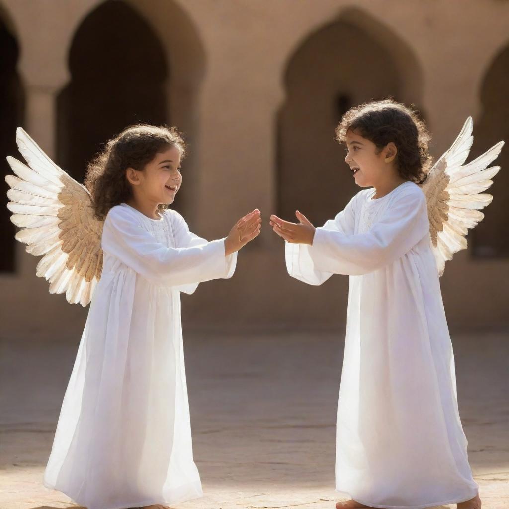 Two young Arabic children playing joyfully. Unexpectedly, an angel emanating a gentle glow appears from behind, reaching out to gently touch one of the children as if to convey a divine message or blessing.