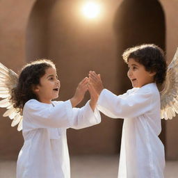 Two young Arabic children playing joyfully. Unexpectedly, an angel emanating a gentle glow appears from behind, reaching out to gently touch one of the children as if to convey a divine message or blessing.