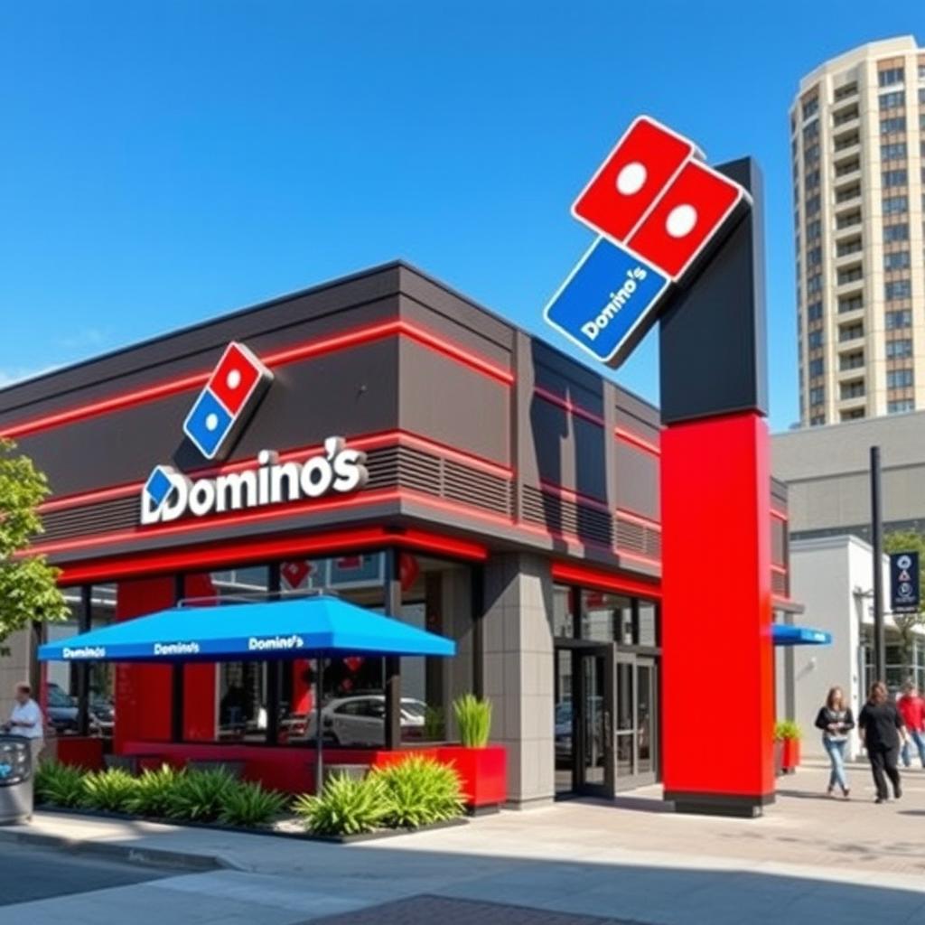 A striking and eye-catching Domino's Pizza facade featuring a modern totem with the Domino's logo prominently displayed