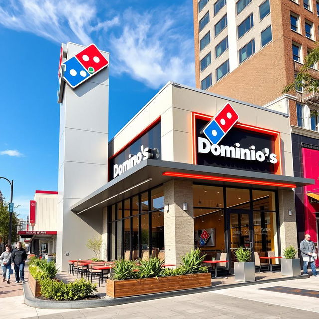 A striking and eye-catching Domino's Pizza facade featuring a modern totem with the Domino's logo prominently displayed