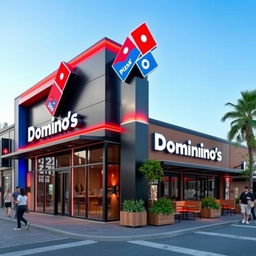 A striking and eye-catching Domino's Pizza facade featuring a modern totem with the Domino's logo prominently displayed