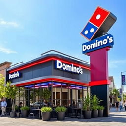 A striking and eye-catching Domino's Pizza facade featuring a modern totem with the Domino's logo prominently displayed