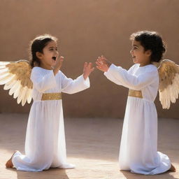 Two young Arabic children playing joyfully. Unexpectedly, an angel emanating a gentle glow appears from behind, reaching out to gently touch one of the children as if to convey a divine message or blessing.