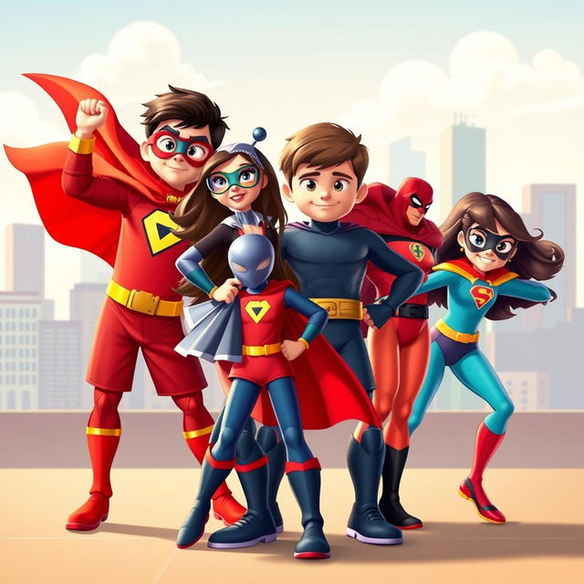 A vibrant and dynamic scene featuring the incredible team of mini superheroes Lucas, Sofia, Tomás, and Clara