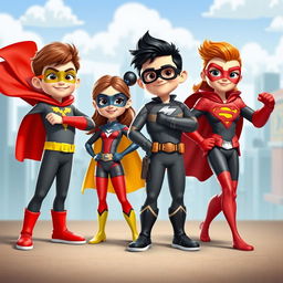 A vibrant and dynamic scene featuring the incredible team of mini superheroes Lucas, Sofia, Tomás, and Clara