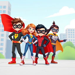 A vibrant and dynamic scene featuring the incredible team of mini superheroes Lucas, Sofia, Tomás, and Clara