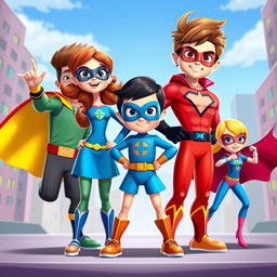 A vibrant and dynamic scene featuring the incredible team of mini superheroes Lucas, Sofia, Tomás, and Clara