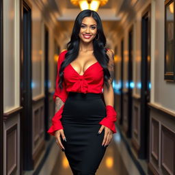 A beautiful woman with a hot, sexy body and an alluring smile, standing elegantly in a corridor