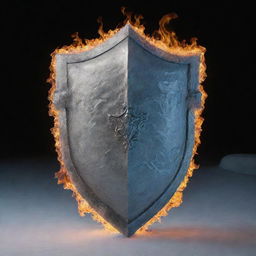 A sturdy shield, sculpted entirely of frosty ice, and paradoxically wrapped in intense, dancing flames.