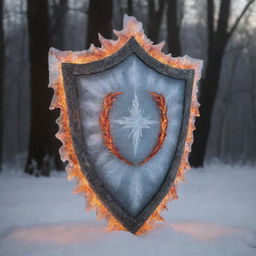 A sturdy shield, sculpted entirely of frosty ice, and paradoxically wrapped in intense, dancing flames.