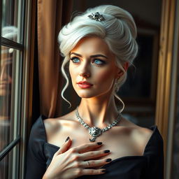 A refined and elegant 40-year-old princess with captivating blue eyes and stylishly pinned up white hair with a French cut, adorned with a brooch