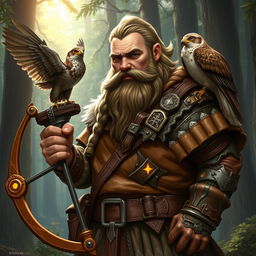 A majestic dwarf ranger exuding strength and wisdom, equipped with finely crafted leather armor adorned with intricate dwarven designs