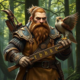 A majestic dwarf ranger exuding strength and wisdom, equipped with finely crafted leather armor adorned with intricate dwarven designs