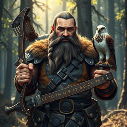 A majestic dwarf ranger exuding strength and wisdom, equipped with finely crafted leather armor adorned with intricate dwarven designs